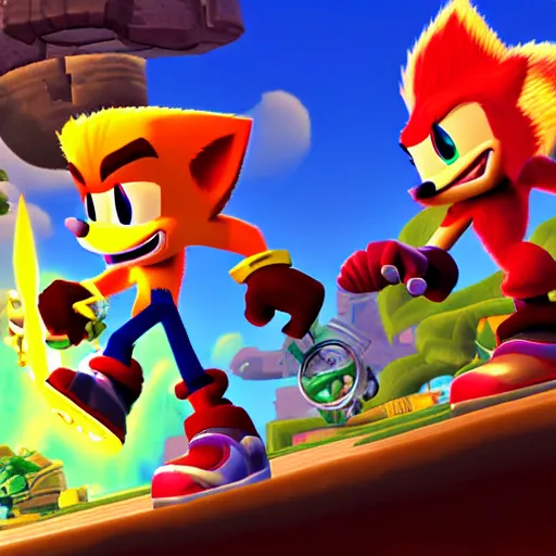 Image similar to crash bandicoot bros kirby super star ultra sonic the hedgehog gta style ratchet and clank