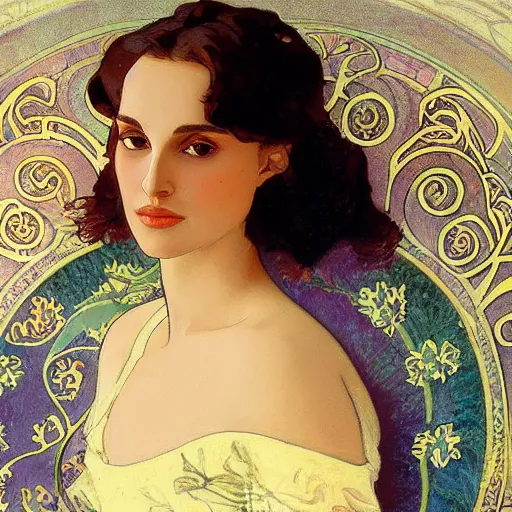 Image similar to a closeup portrait of a young natalie portman, art nouveau, jugendstil, decorative background, spirals, painted by alphonse mucha