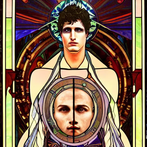 Image similar to a dramatic ethereal epic symmetrical painting of a handsome augustus caesar | tarot card, art deco, art nouveau, steampunk, realistic | by louis comfort tiffany and alphonse mucha | trending on artstation