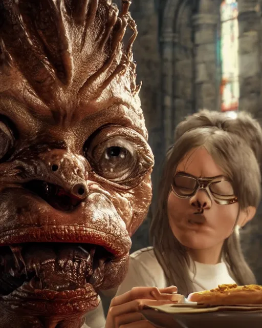 Prompt: highly detailed closeup, face profile portrait of a movie gremlin eating cakes in the cathedral, depth of field, fashion photoshoot by hyung tae, frank frazetta, bosch, giger, breathtaking, detailed and intricate environment, 8 k resolution, hyperrealistic, octane render