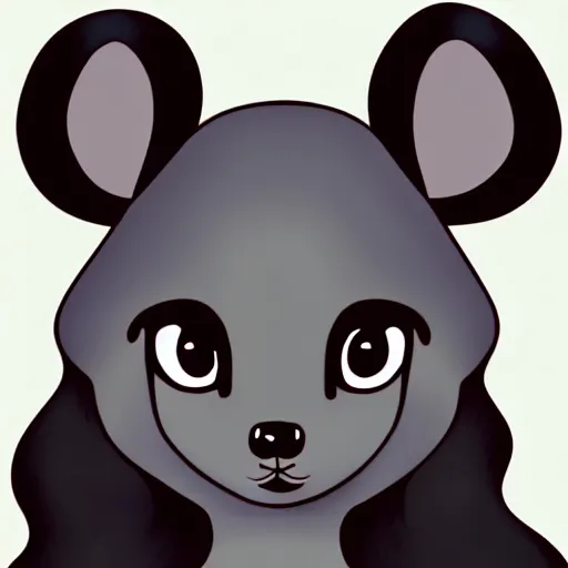 Image similar to headshot of young fursona female mouse, healthcliff style, cute, fantasy, intricate, long hair, dark grey skin, mouse face, furry mouse, dark skin, mouse head, mouse ears, black hair, elegant, cartoony, furry Deviantart art of the day, furry character, character art, smooth, sharp focus, illustration, art by adoptables