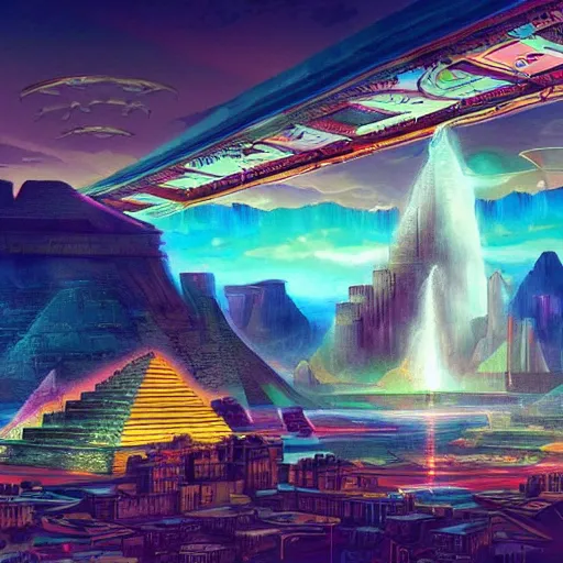 Prompt: ancient egypt cityscape in the space with waterfalls, retrowave epic art, trending on art station