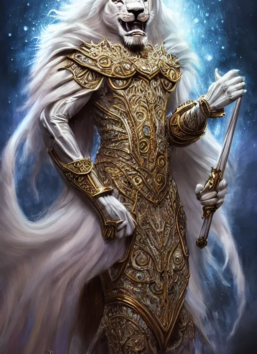 Image similar to anthropomorphized white lion wizard casting magic bright light spell, smiling, casting spell, concept art, insanely detailed and intricate, hypermaximalist, elegant, ornate, hyper realistic, super detailed, art deco, cinematic, trending on artstation, magic the gathering artwork