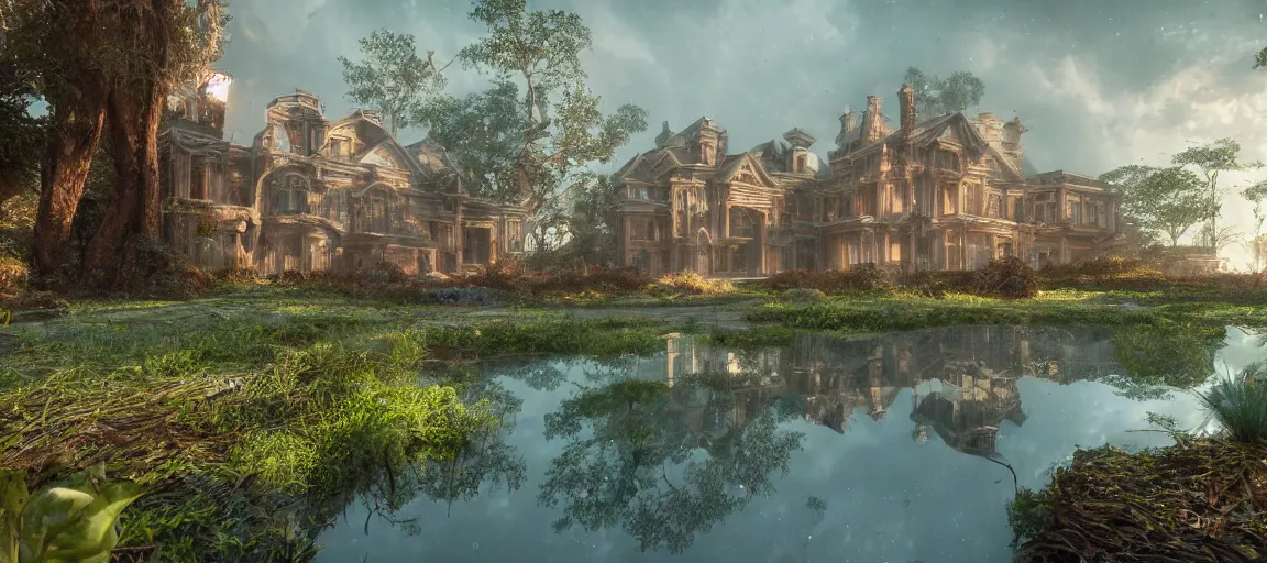 Image similar to an abandoned mansion on a humongous luminescent crystal biome by pixar, smooth, cinematic, wet reflections, ray tracing x, rtx, smooth