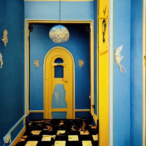 Image similar to a black nightmare in a blue and gold haunted liminal abandoned room, film still by wes anderson, limited color palette, very intricate, art nouveau, highly detailed, strong lights, liminal, eerie, bright pastel colors