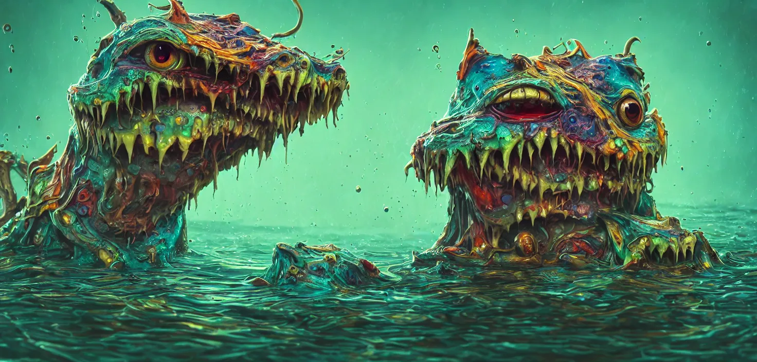 Prompt: intricate colourful murky with strange cute friendly angry crazy creatures with huge beauty eyes! long tongue triangle teeth and scary face appearing from the water, in the style of craola, shallow depth of field, highly detailed, digital painting, trending artstation, concept art, illustration, cinematic lighting, vibrant colors, photorealism, epic, octane render