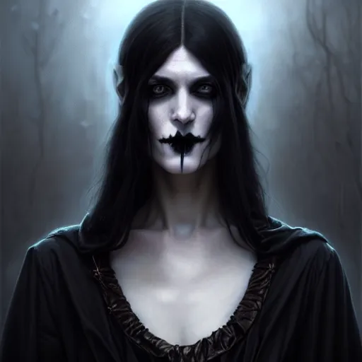 Image similar to portrait painting of an androgynous goth witch with shoulder length flowing black hair pale skin and beautiful dark brown eyes, ultra realistic, concept art, intricate details, eerie, highly detailed, photorealistic, octane render, 8 k, unreal engine. art by artgerm and greg rutkowski and magali villeneuve