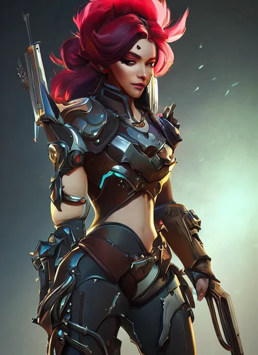 Prompt: beautiful new character for overwatch, character concept art, full body armor, dual wielding swords, super powers, long red hair, symmetry, intricate design, shiny, highly detailed, hd, dramatic lighting, art by artgerm and greg rutkowski