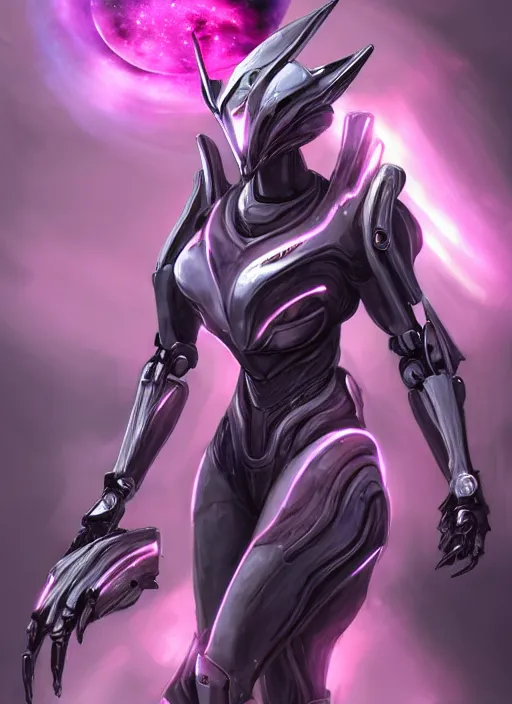 Image similar to cinematic shot, bust, cosmic sized perfectly proportioned stunning beautiful hot female warframe, robot mecha female dragon head, silver armor, fuschia leds, floating in empty space, nebula sized, holding a galaxy, epic proportions, epic size, epic scale, furry art, dragon art, giantess art, warframe fanart, furaffinity, deviantart