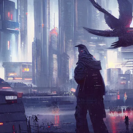 Image similar to A dark painting of a cyberpunk city infested with giant pigeons, trending on art station