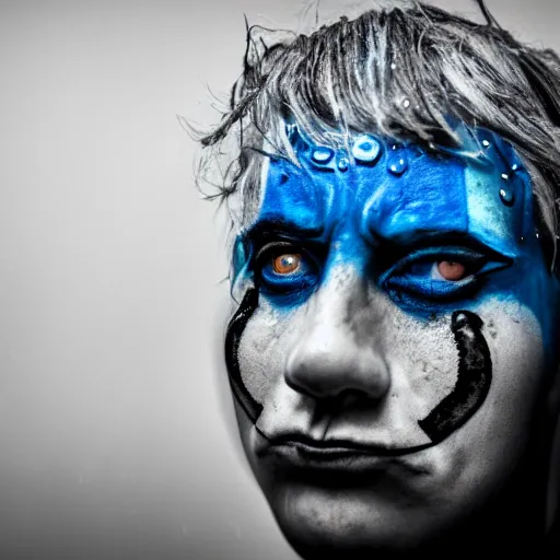 Prompt: crying clown with blue makeup under the rain, black and white photo, blue color splash, dramatic lightning, melancholic