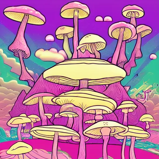 Prompt: mushrooms in the place of flying saucers, hallucinogenic, psychedelics, enhanced vision, vaporwave, future funk, japanese - inspired