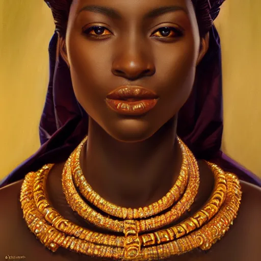 Image similar to an portrait of a west african manding queen, detailed, centered, digital painting, artstation, concept art, donato giancola, Joseph Christian Leyendecker, WLOP, Boris Vallejo, Breathtaking, 8k resolution, extremely detailed, beautiful, establishing shot, artistic, hyperrealistic, beautiful face, octane render