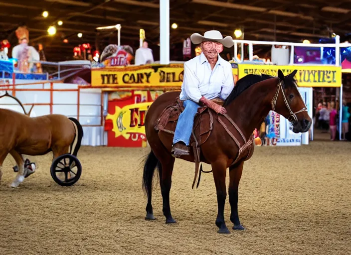 Prompt: photo still of charles bronson at the county fair!!!!!!!! at age 5 6 years old 5 6 years of age!!!!!!!! riding a small pony, 8 k, 8 5 mm f 1. 8, studio lighting, rim light, right side key light