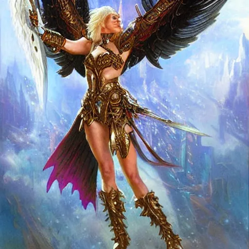 Prompt: katie perry as a trans futuristic asguardian superheroine in intricate dark seraphim warrior armor. her seraphim wings glow energy, art by gaston bussiere, craig mullins, simon bisley