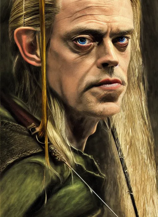 Image similar to portrait of steve buscemi as legolas, action shot, elven archer, by alan lee, lord of the rings, smooth, detailed terrain, oil painting, matte painting, concept art, trending on artstation, promotional artwork, film still, elegant, photorealistic facial features, intricate, detailed face, cinematic lighting