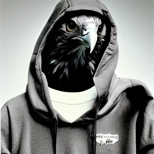 Image similar to close-up shot of a eagle wearing hoodie in 80s, funny, Polaroid photo, by Warhol