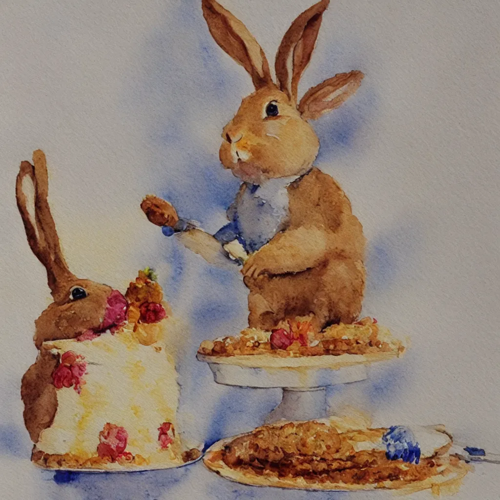 Prompt: a rabbit baking a cake, watercolour realistic