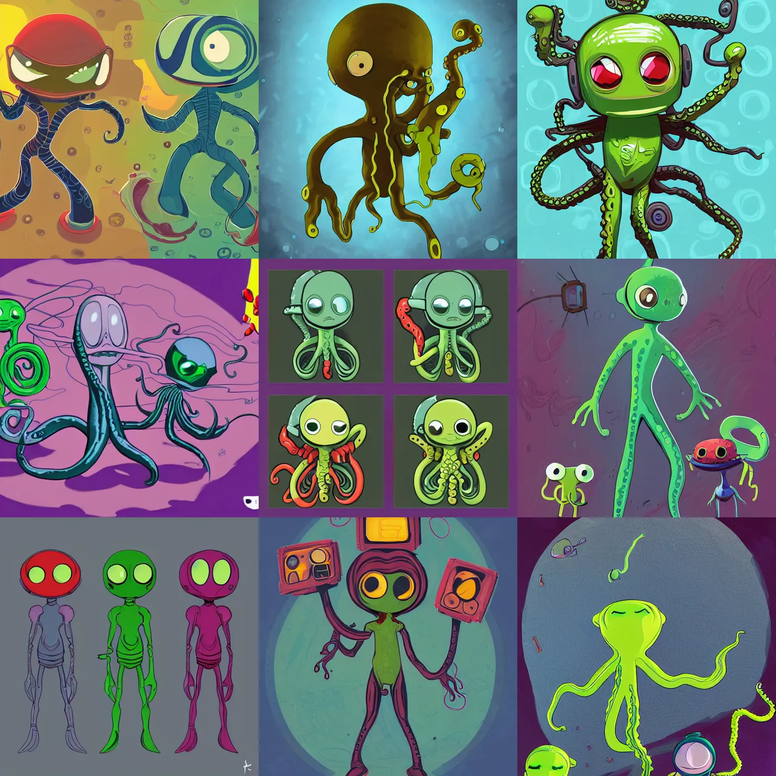 Prompt: friend shaped little alien race with webbed tentacle arms as playable character designs for the newest psychonauts video game made by double fine done by tim shafer that focuses on an ocean setting with help from the artist for the band gorillaz and the artists from odd world inhabitant inc and Lauren faust from her work on dc superhero girls and lead artist Andy Suriano from rise of the teenage mutant ninja turtles on nickelodeon using the color character color choices from Nintendos Splatoon game franchise
