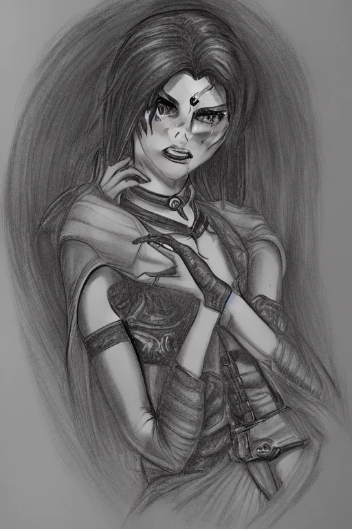 Image similar to Portrait sketch of fully clothed Bayonetta by Da Vinci