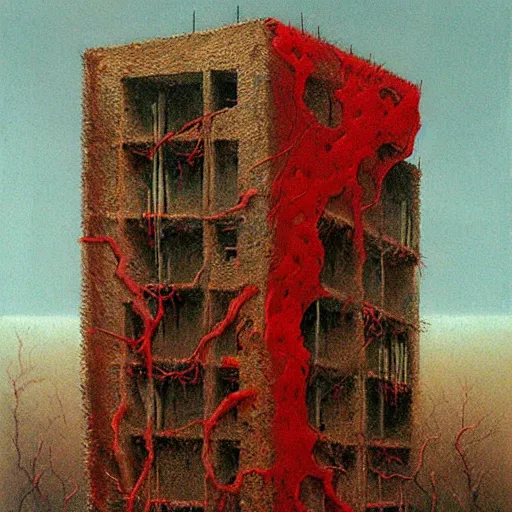 Image similar to surrealist painting of a brutalist building turning into meat, red webs, post apocalyptic, painted by beksinski