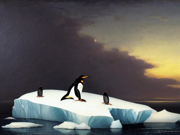 Image similar to an oil painting of a penguin playing in pure white snow on an iceberg in a serene ocean at dusk. aurora. by tuomas korpi moebius and carl spitzweg. baroque elements. intricate artwork by caravaggio. oil painting. oil on canvas. award winning. dramatic. trending on artstation. 8 k