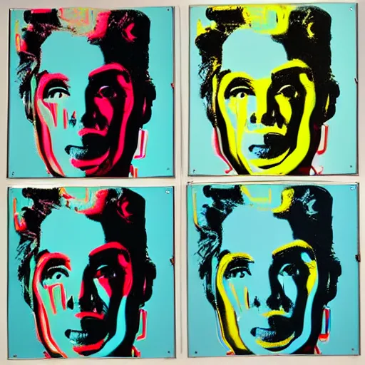 Image similar to old robot, 6 panels by andy warhol, with highly contrasted colors and an illuminating background