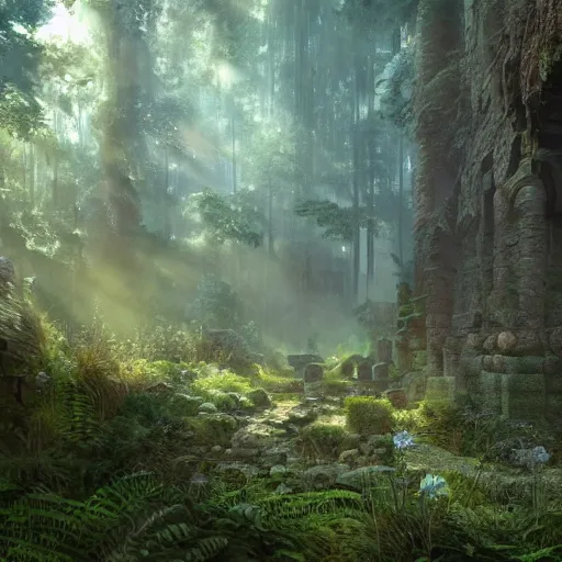 Image similar to ancient ruins in the forest, beautiful, atmosphere, vibe, mist, rain, puddles, fern, flowers, concept art illustration, color page, tone mapping, akihiko yoshida, james jean, andrei riabovitchev, marc simonetti, digital illustration, greg rutowski, volumetric lighting, sunbeams, particles