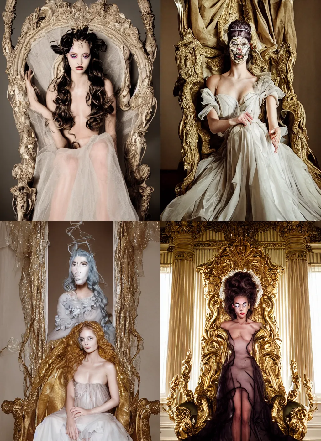 Prompt: beautiful Medusa with Simone Ashley's face, wearing organza gown, in a throne room, fashion photography