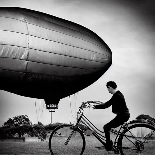 Prompt: “man using a bicycle pump to inflate an extremely large zeppelin blimp, highly detailed, dramatic lighting, Tim Burton, Studio Ghibli, Alex Pardee, Nekro Petros Afshar, James McDermott, cgsociety 4K”