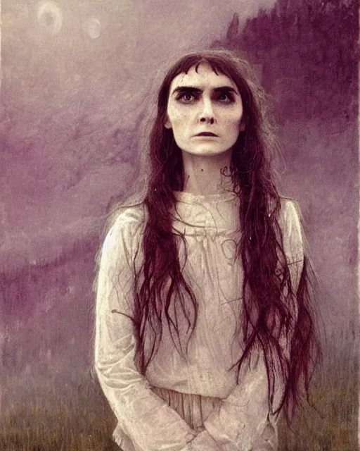 Prompt: a beautiful but sinister girl who looks like a young shirley henderson in dead space, with haunted eyes and crazy hair, eerie moorlands behind her, horrifying, 1 9 7 0 s, seventies, delicate embellishments, a little blood, crimson, painterly, offset printing technique, by jules bastien - lepage and mary jane ansell