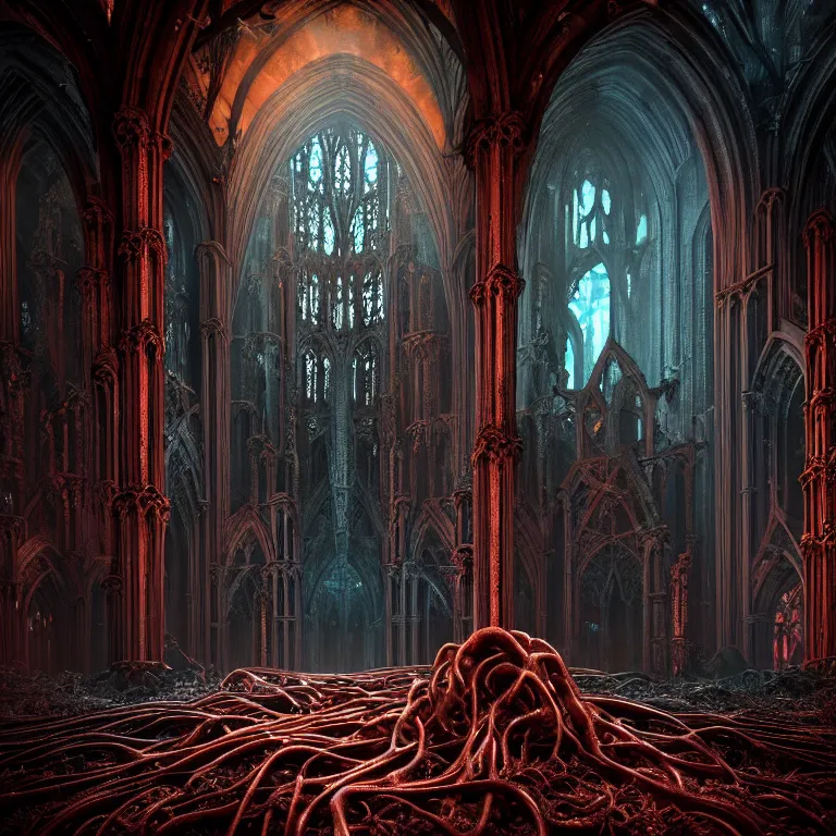 Prompt: ribbed abandoned gothic cathedral exterior on exoplanet, covered with tentacles, roots, wires, tubes, colorful neon lights, cyberpunk, baroque painting, standing in a desolate empty wasteland, creepy, nightmare, dream-like heavy atmosphere, surreal abandoned buildings, beautiful detailed intricate insanely detailed octane render trending on Artstation, 8K artistic photography, photorealistic, volumetric cinematic light, chiaroscuro, Raphael, Caravaggio, Beksinski, Giger