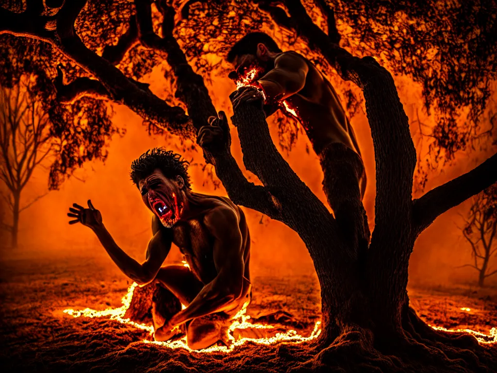 Prompt: award - winning color photo of a man painfully transforming into an oak tree, screaming in agony, blood, a blinding explosion in the background, the soil is on fire, chiaroscuro, awe, terror, beauty