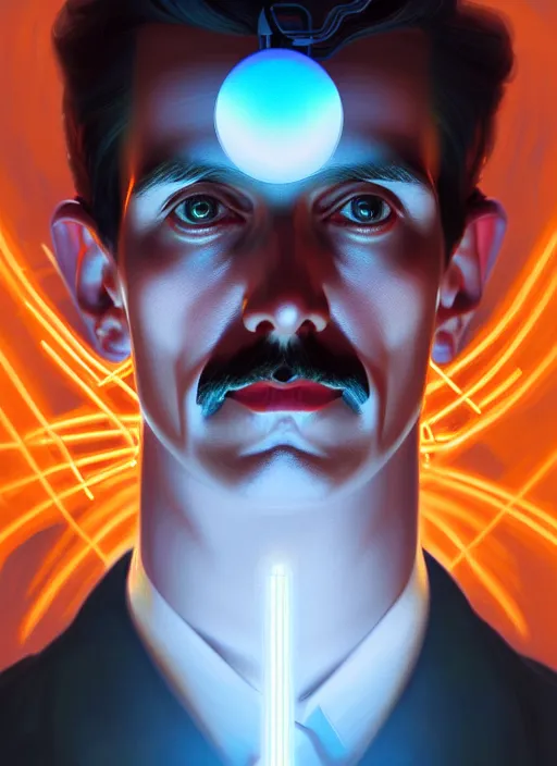 Image similar to symmetry!! portrait of nikola tesla male, chemisty, sci - fi, glowing lights!! intricate, elegant, highly detailed, digital painting, artstation, concept art, smooth, sharp focus, illustration, art by artgerm and greg rutkowski and alphonse mucha, 8 k