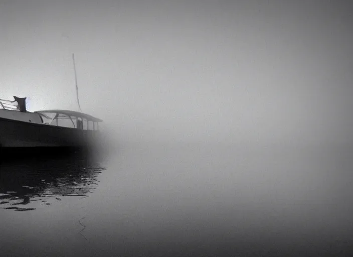 Prompt: boat, mist, lomography photo effect, monochrome, noise grain film, old photo