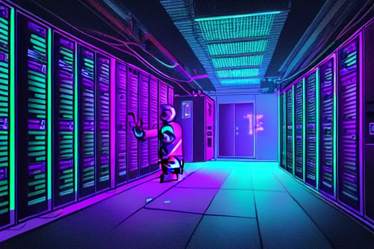 Image similar to realistic robot in a data server room, neon and dark, purple and blue color scheme, by dan mumford and malevich