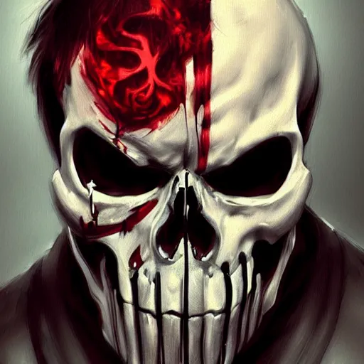 Image similar to portrait of dying frank castle the punisher, skull face paint, intricate, elegant, highly detailed, centered, grungy, digital painting, artstation, concept art, smooth, sharp focus, boris vallejo