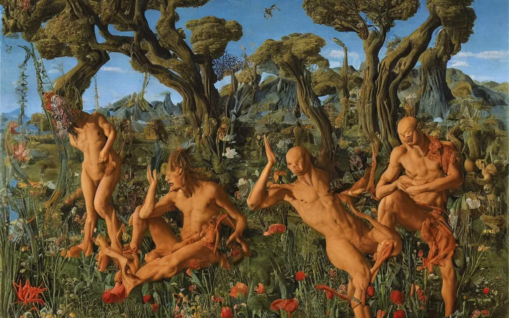 Image similar to a portrait photograph of a meditating satyr and a centaur monk riding a rocket machine and hunting at a river delta. surrounded by bulbous flowers and trees. mountain range under a blue sky of fiery stars. by jan van eyck, max ernst, ernst haeckel, ernst fuchs and artgerm, cgsociety, fashion editorial, 8 k