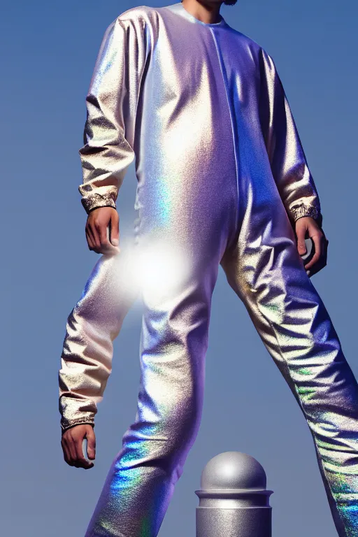 Image similar to un ultra high definition studio quality photographic art portrait of a young man standing on the rooftop of a british apartment building wearing soft baggy inflatable padded iridescent pearlescent jumpsuit. three point light. extremely detailed. golden ratio, ray tracing, volumetric light, shallow depth of field. set dressed.