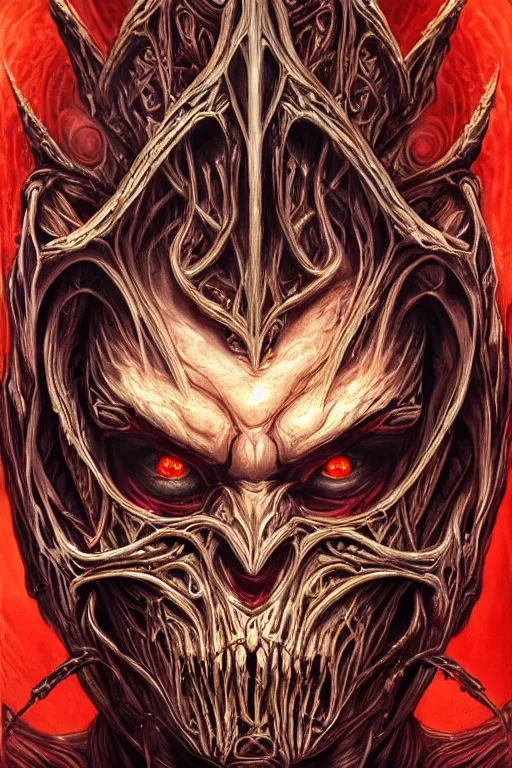 Prompt: Elden Ring and Doom themed painting of majestic crimson biomechanical infernal demon human hybrid beautiful undead angel symmetrical angry mask closeup face angry mask closeup tattoo pattern golden ratio concept, Neo-Gothic concept, infinity glyph waves, intricate artwork masterpiece, very coherent artwork, cinematic, full frontal facial features by Artgerm, art by H.R. Giger, Takato Yamamoto, Zdizslaw Beksinski, Johnatan Wayshak, Moebius, Ayami Kojima, very anatomically coherent artwork, trending on cgsociety, ultra high quality model, production quality cinema model, high detail chromatic ink outline, octane render, unreal engine 8k, hyper realism, high detail, octane render, unreal engine, 8k, High contrast