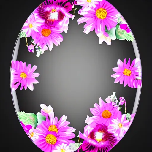 Prompt: transparent 3 d glass oval filled with flowers black background, realistic 8 k