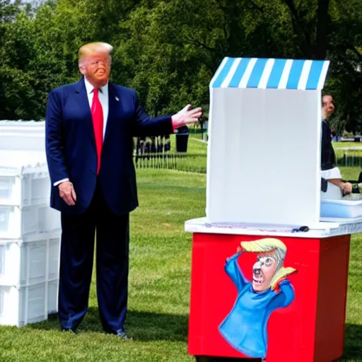 Image similar to donald trump standing behind a lemonade stand, handing out free nuclear codes on the national mall.