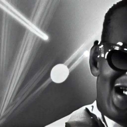 Prompt: Film still from documentary about Ray Charles shooting lasers out of his eyes and destroying buildings.