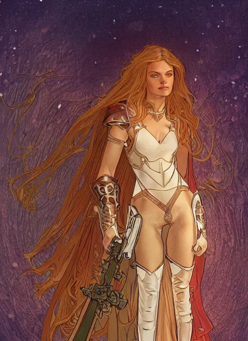 Prompt: stunningly beautiful paladin in copper colored plate armor who looks like young michelle pfeiffer, moonlight in the background by alphonse mucha, soft lighting, HD, sharp focus, elegant, intricate, masterpiece, concept art, character design