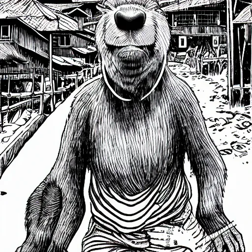 Prompt: a giant capybara zombie behind a village, digital drawing, manga style, by junji ito