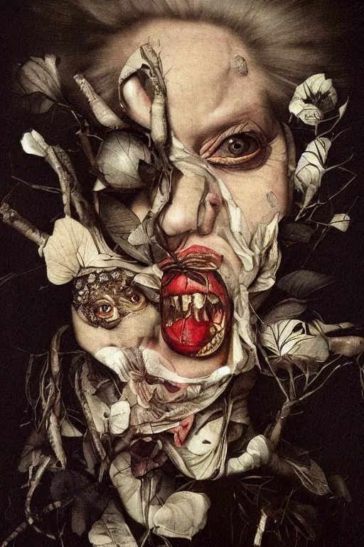 Image similar to Detailed maximalist portrait with large lips and with large pure white eyes, sad, exasperated expression, HD mixed media, 3D collage, highly detailed and intricate illustration in the style of Caravaggio, dark art, baroque