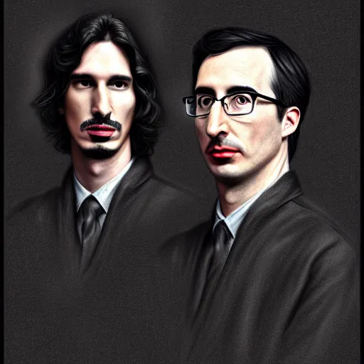 Image similar to a portrait of john oliver standing next to adam driver, stoic, military uniform, fantasy, intricate, elegant, beautiful, highly detailed, charcoal, centered, dark, smokey, digital painting, artstation, concept art, smooth, sharp focus, illustration, art by samma van klaarbergen - h 7 0 4