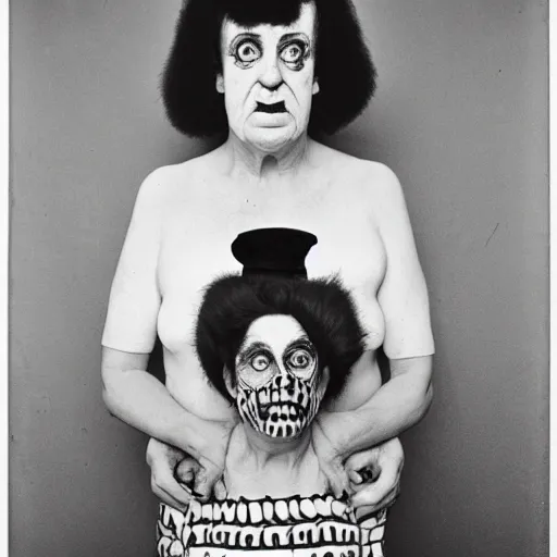 Prompt: portrait of a crazy lynchian character by Diane Arbus, 50mm, black and white photography