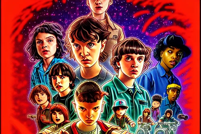 Image similar to closeup shot from the animated version of Stranger Things by Matt Groening, cartoon, detailed faces, high resolution, hyper detailed, intricate, illustrated, dramatic lighting, illustration, artstation, concept art, smooth, sharp focus, art by Alphonse Mucha and Matt Groening !n-9