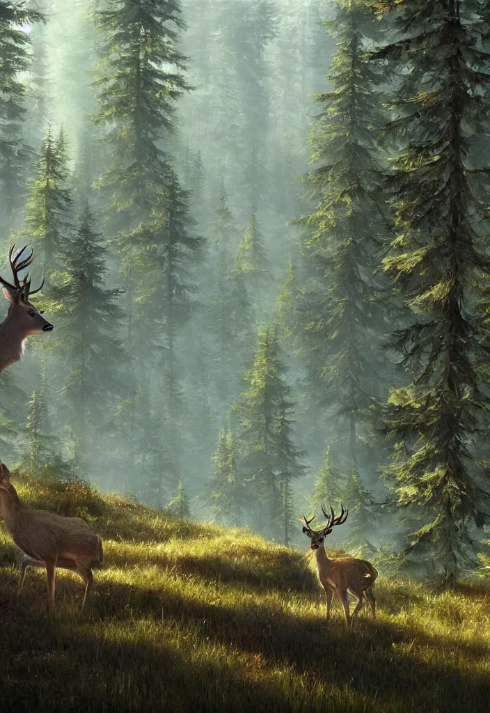 Image similar to deer on the background of a tall spruce forest, painting by Craig Mullins, octane rendering, soft morning lighting, wide angle lens, in the style of Hayao Miyazaki, trending on artstation,